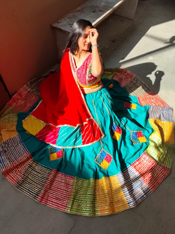 Royal Peacock Teal Multi-Patch Lehenga Choli Set view 2